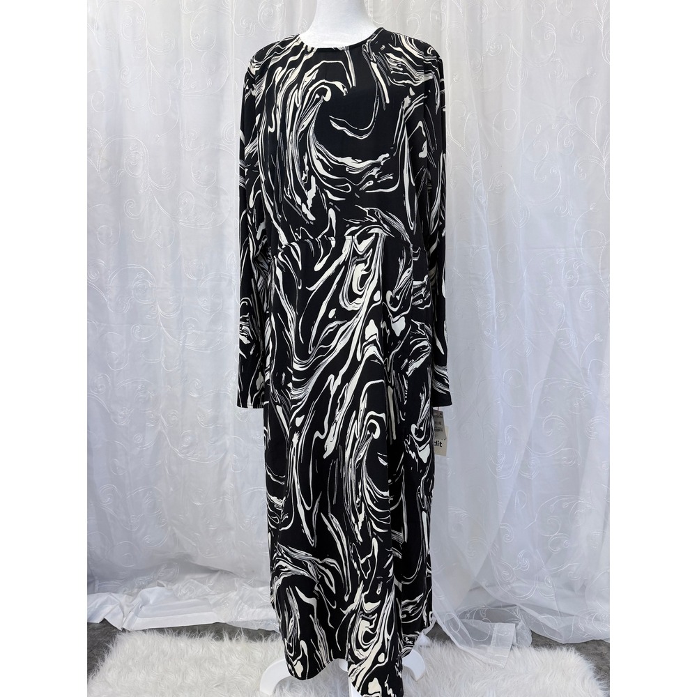 Open Edit Black White Marble Swirl Open Back Maxi Dress 2X Long Sleeve Slit